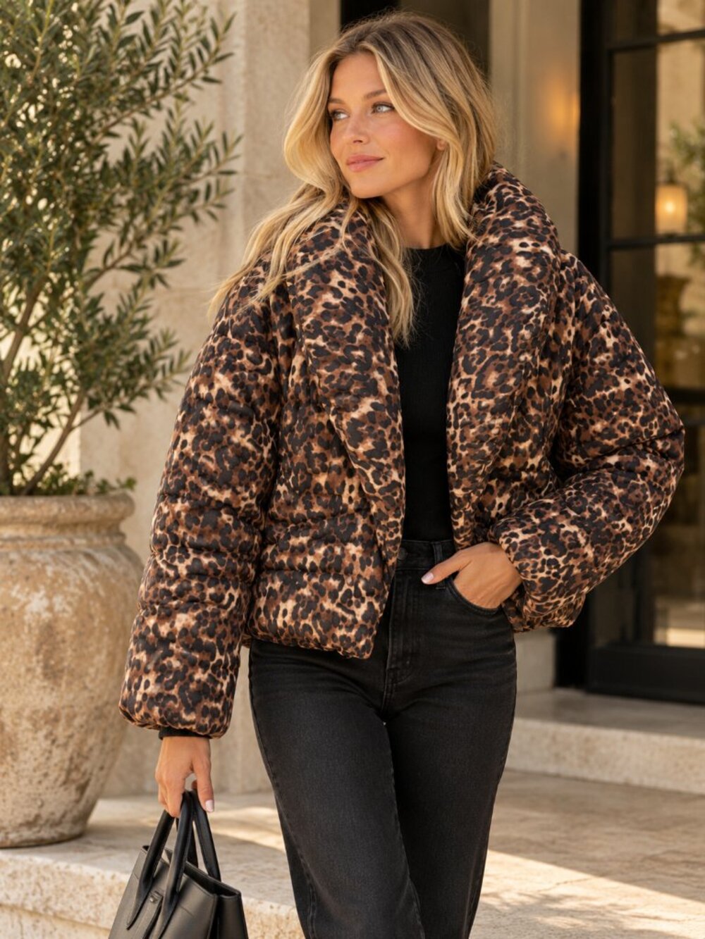 Steve Madden Evy Leopard Print Puffer Jacket Shawl Collar Size Medium